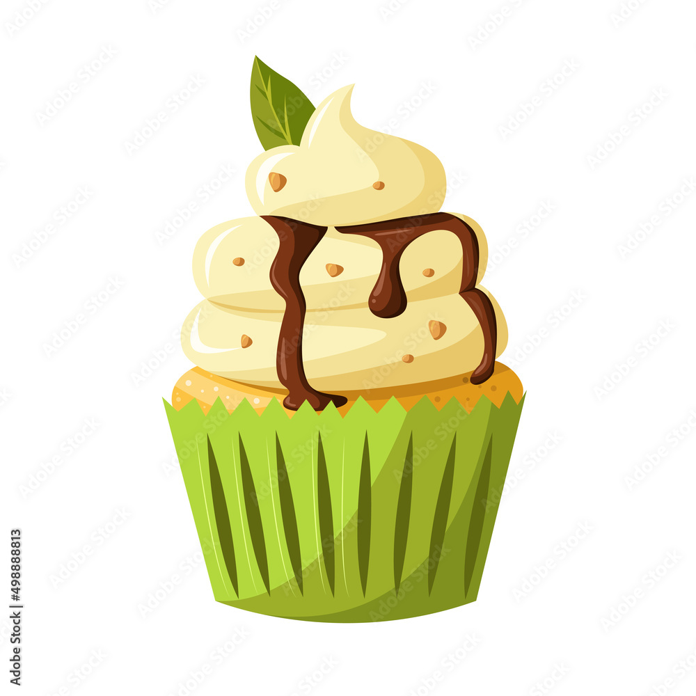 Cupcake with pistachios and mint leaves isolated on white background. Vector cute cartoon illustration. Bakery shop, dessert, sweet products, cooking. Cupcake with pistachios and mint leaves isolated on white background. Vector cute cartoon illustration. Bakery shop, dessert, sweet products, cooking.