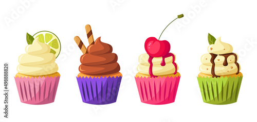 A set of different cupcakes - with pistachio cream, mint, chocolate, vanilla, cherry, lemon or lime.
Vector cute cartoon illustration. Bakery shop, dessert, sweet products, cooking.