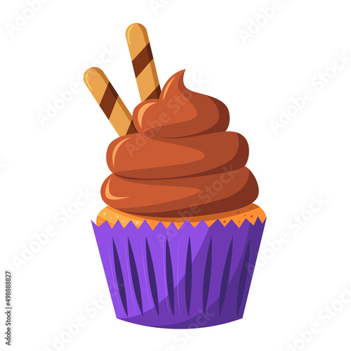 Cupcake with chocolate cream and cookies isolated on white background. Vector cute cartoon illustration. Bakery shop, dessert, sweet products, cooking.