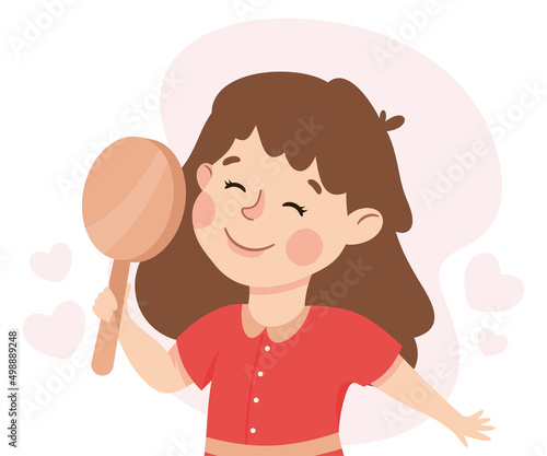 Self-love with Little Girl Admiring Herself Looking in Mirror Loving Her Appearance Vector Illustration
