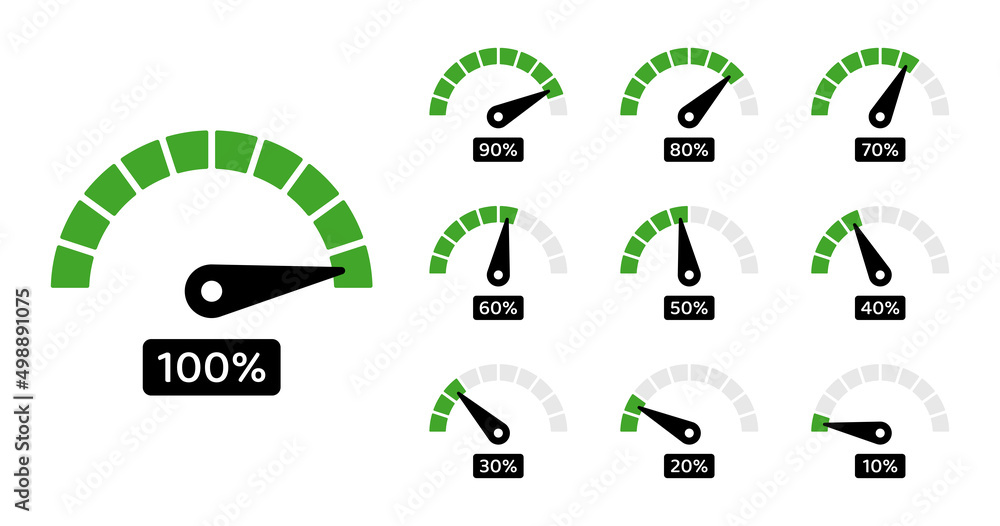 Speedometers icons set. Percentage gauge meter vector illustration. - obrazy, fototapety, plakaty 