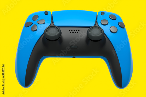 Realistic blue joystick for video game controller on yellow background