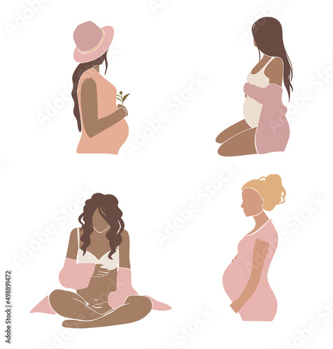 Abstract Set of pregnant women. Modern Art about pregnancy and motherhood - mother concept. Hand drawn vector illustration in minimalistic style. 
