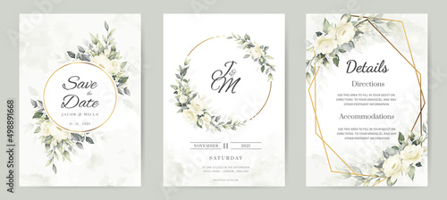 Flower wedding invitation card template set white rose flower and gold frame 