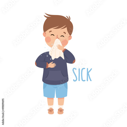 Little Boy Showing Sense of Sickness Suffering from Flu Having Runny Nose Vector Illustration
