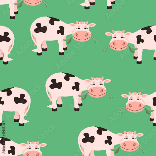 Seamless pattern of cows grazing in a meadow on a green background.Vector pattern can be used in textiles, in designs of dairy products. 