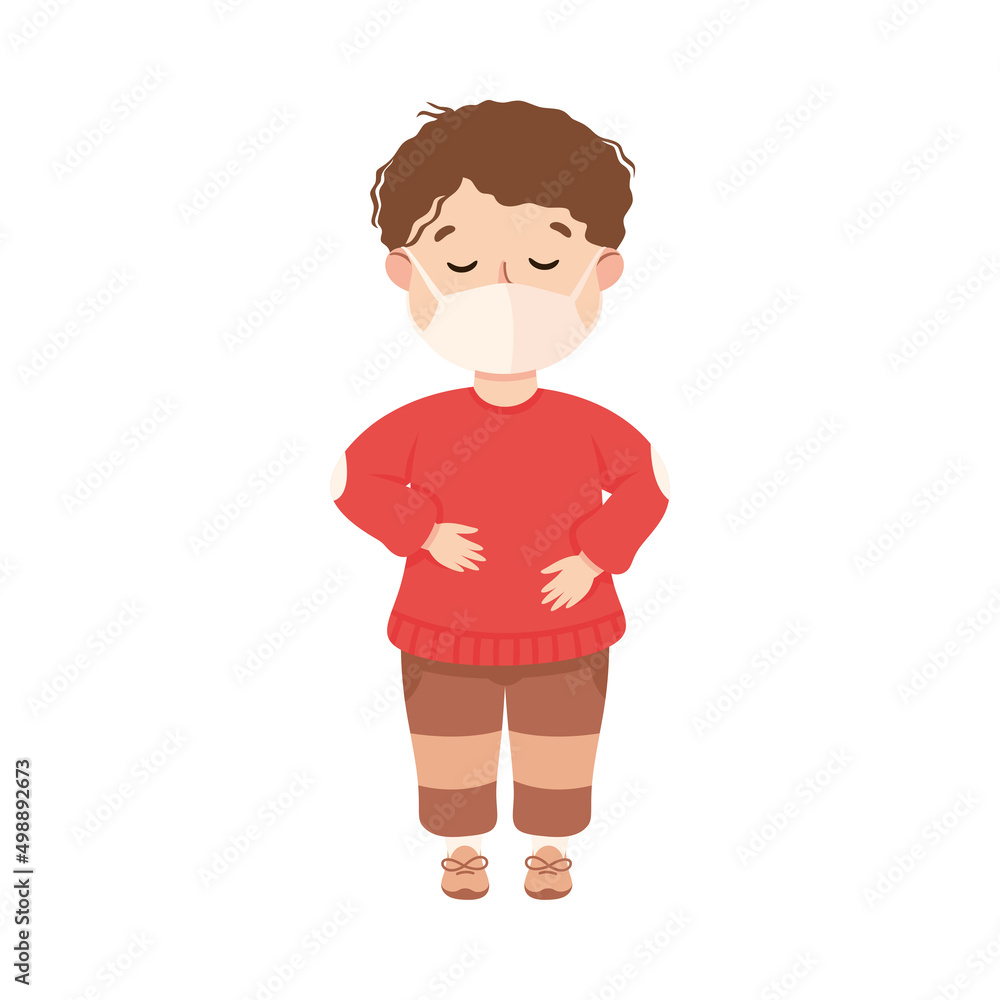 Sick Little Boy Feeling Unwell Suffering from Flu Wearing Face Mask Vector Illustration