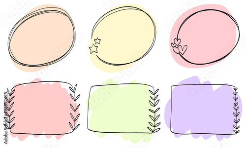 Abstract doodle black frames pastel set hand drawn. Cute round lines with leaves, circles, hearts, stars, square, plant collection.