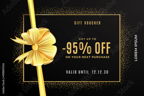 95 Percent Off Gift Voucher Template. Gift voucher collection, surprise offer to holiday, Gold glitter square frame with silky bow. Gift Certificate, Golden ticket vector