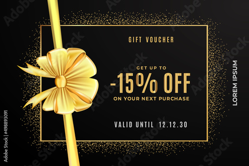 15 Percent Off Gift Voucher Template. Gift voucher collection, surprise offer to holiday, Gold glitter square frame with silky bow. Gift Certificate, Golden ticket vector