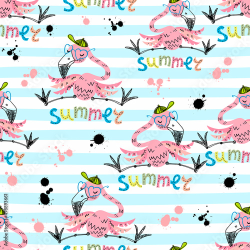 Seamless pattern with cute flamingos on striped background. Summer motifs. Vector