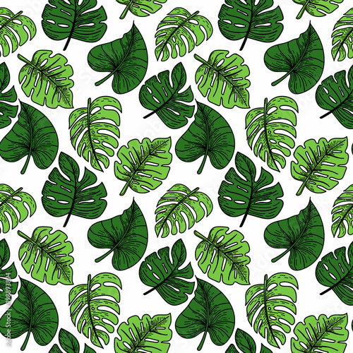 A seamless pattern depicting a tropical monster leaf. Leaves with doodles. Hand-drawn doodle-style elements, bright greens. Tropics. Monster. Exotic leaves. Isolated vector illustration. © Happy_KrisMax