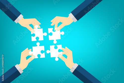 Teamwork business concept. People connecting puzzle elements. Vector illustration 