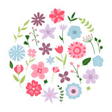 Hand drawn set of flowers and branches. Floral and herbal elements in cartoon style. Vector illustration isolated on white background.