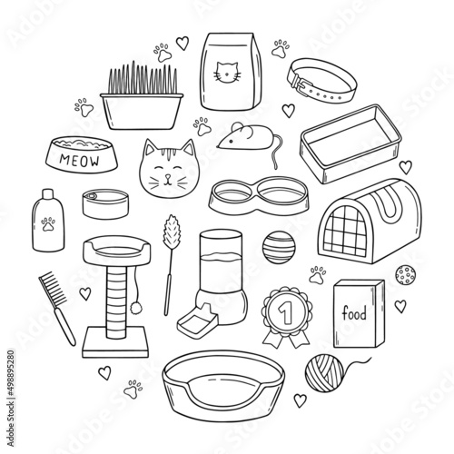 Hand drawn set of cat and pet accessories doodle. Supplies and equipment cats in sketch style: bowl, toys, collar, food. Vector illustration isolated on white background.