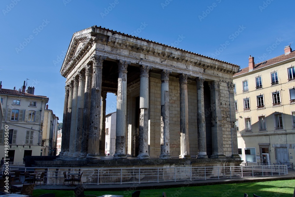 Temple of Augustus and Livia in the morning sun. This  is a Roman temple built at the beginning of the 1st century in Vienne, France