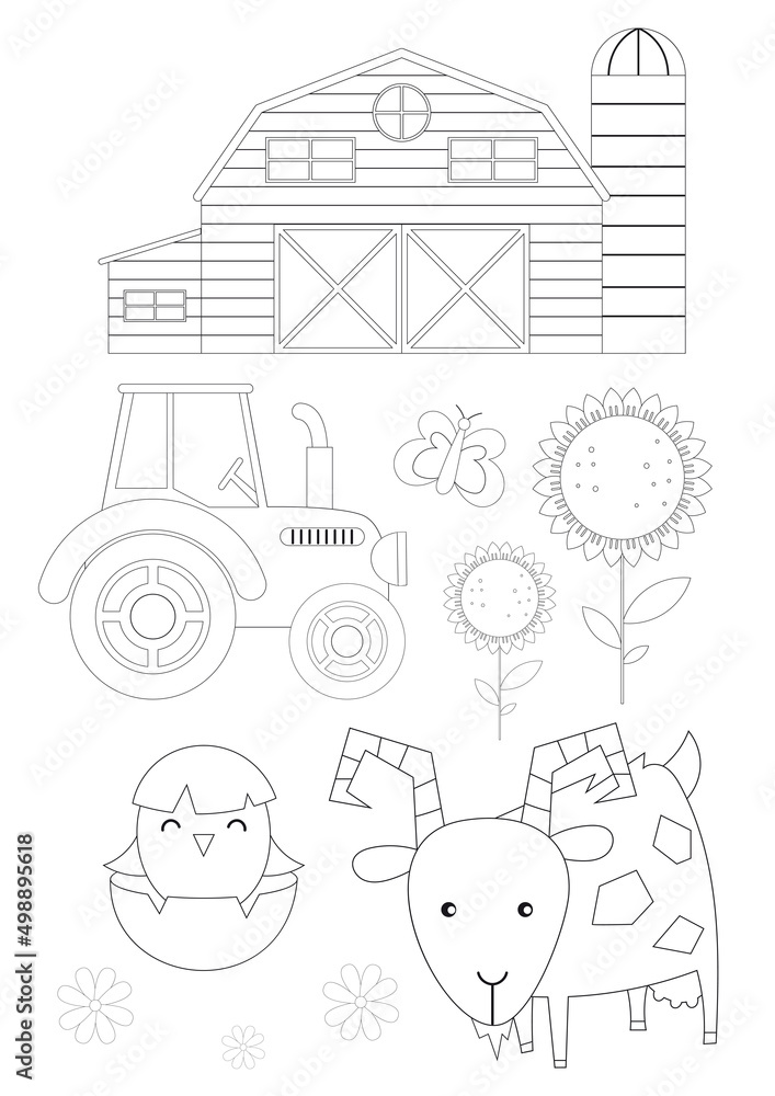 Farm animals coloring page printable for children. Preschool farm. Barn