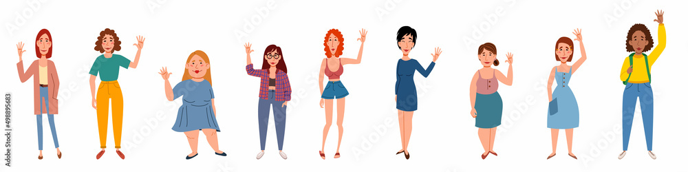 Fashionable women in casual clothes say hello. A set of flat vector illustrations with a gesture of greeting people. Fashionable women in casual clothes say hello. A set of flat vector illustrations with a gesture of greeting people.