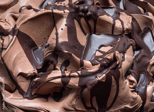 Chocolate flavour gelato - full frame detail. Close up of a brown surface texture of chocolate Ice cream covered with dark chocolate topping.