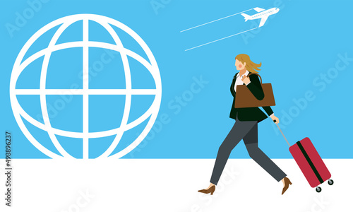 スーツケースを持った8等身のビジネスマンのイラスト白人系の女性　グローバル地球と飛行機のアイコン