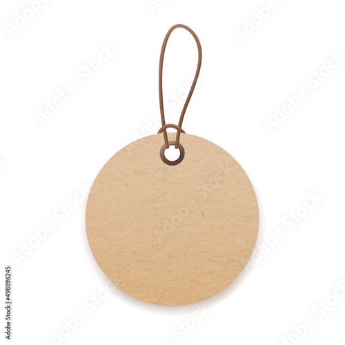 Craft cardboard label with loop and cord. Round kraft paper price tag mockup. Blank circle card hanging on string, twine. Beige badge on rope. Vector illustration isolated on white background