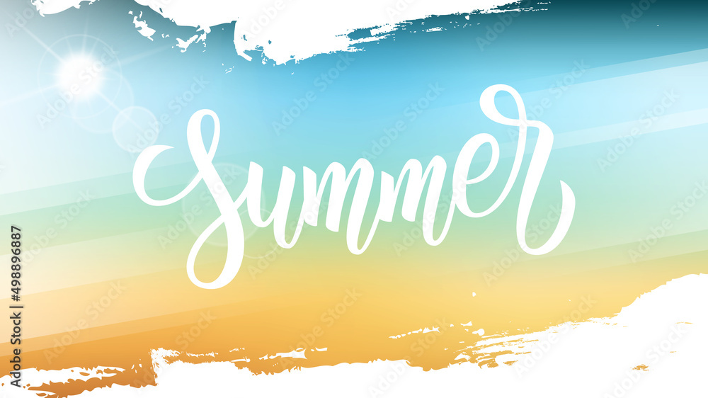 Summertime background with hand drawn lettering, summer sun and white brush strokes for your season graphic design. Hot Sunny Days. Vector illustration. - obrazy, fototapety, plakaty 
