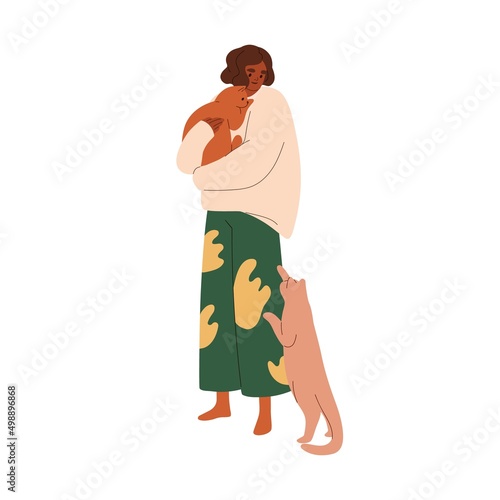 Happy woman with feline animals. Cat lover and cute home kitties. Pet owner and sweet lovely kittens communication, interaction with love. Flat vector illustration isolated on white background