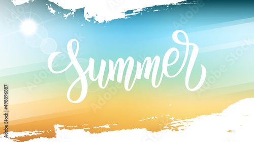 Summertime background with hand drawn lettering, summer sun and white brush strokes for your season graphic design. Hot Sunny Days. Vector illustration.