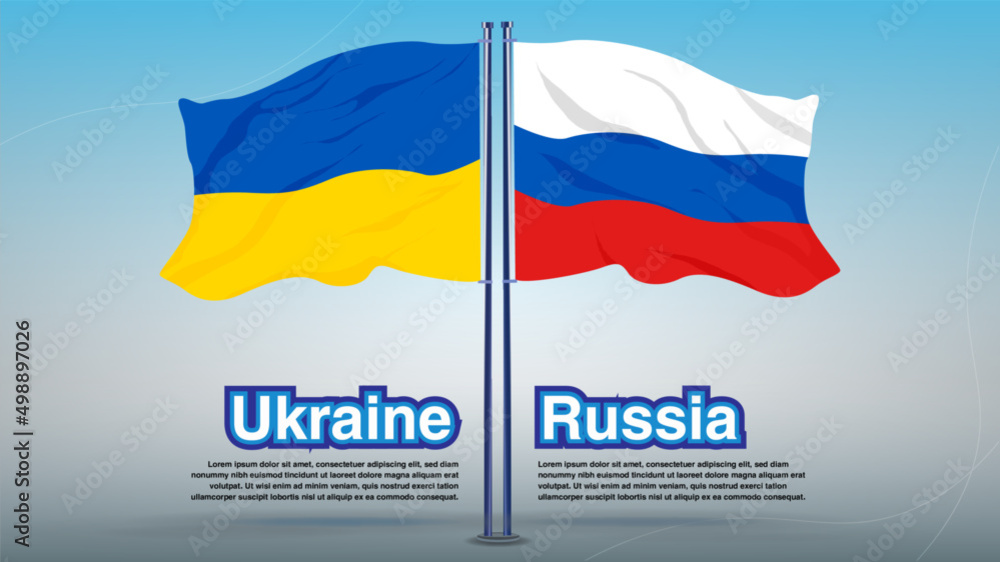 Russia flag and Ukraine flag in peace with header title and sub text. Russia flag and Ukraine flag in peace with header title and sub text.