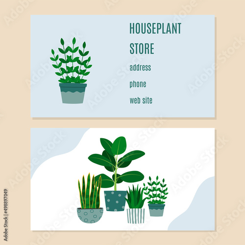 Houseplant store bisiness card. Florarium, home garden, greenhouse, gardening, potted plant concept