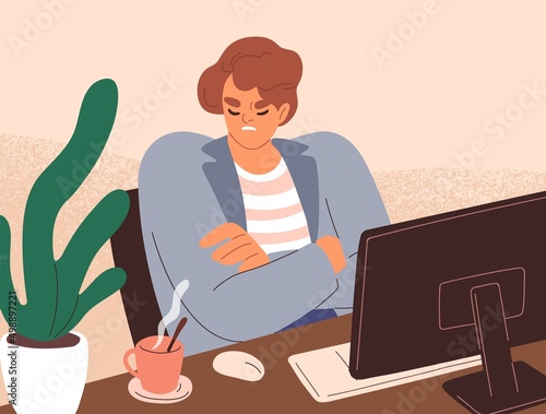 Discontent gloomy employee at workplace. Frowned negative office worker in bad mood. Unsmiling offended displeased disappointed person sabotaging, feeling work aversion. Flat vector illustration
