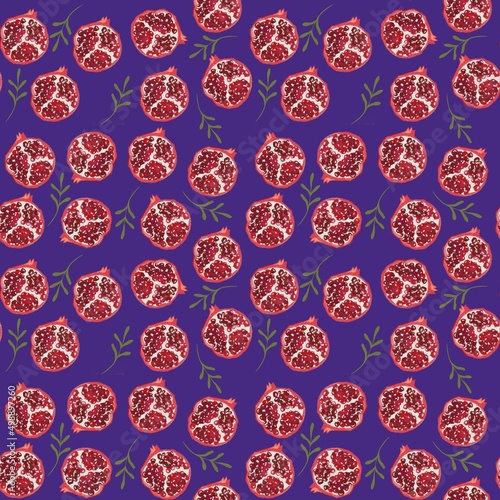 Seamless pattern with pomegranate fruit on purple background