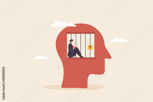 Man or Businessman imprisoned inside his idea, business abstract. lack of self confidence..fear the thoughts of others.
