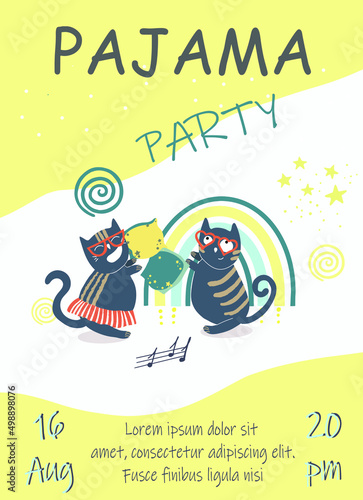 Pajama party invitation template, two fat cats pillow fight, rainbow, squiggles, stars, kids birthday invitation.