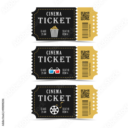 Realistic cinema tickets. In black, gold colors. Stylish cinema tickets