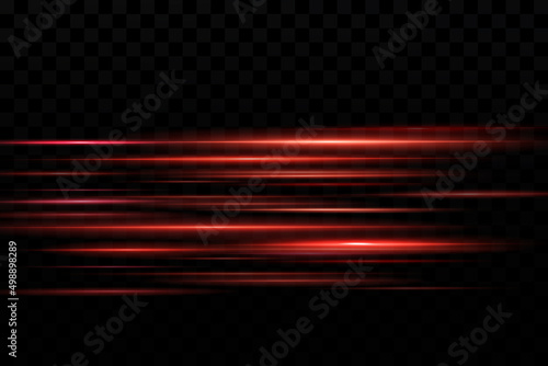 Set of red horizontal lens flares. Laser beams, horizontal light beams. Beautiful highlights. Glowing stripes on a dark background.