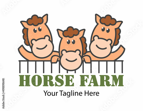 Vector Logo of сute funny smiling cartoon horses. Modern humorous logo template with image of the racehorses. Can be use for advertising horse farm, horse racing.