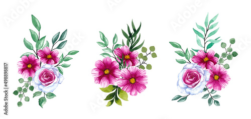 Set of watercolor floral illustrations. Collection of bouquets of bright pink flowers and juicy green leaves. For stationery  congratulations  invitations  postcards.