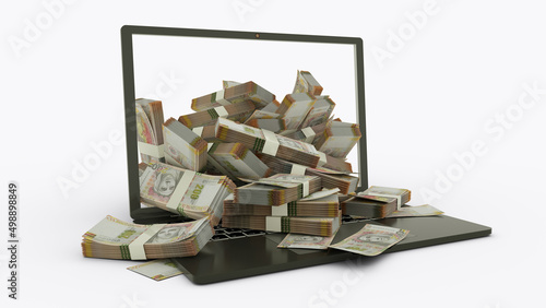 3D rendering of Peruvian sol notes coming out of a Laptop monitor isolated on white background. stacks of Peruvian sol notes inside a laptop. money from computer, money from laptop