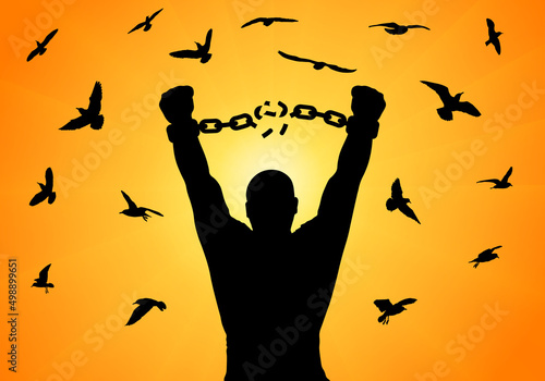 Silhouette of man with raised hands, breaking chain in handscuffs, on background of sunrise and flying birds, concept of freedom. Vector illustration.