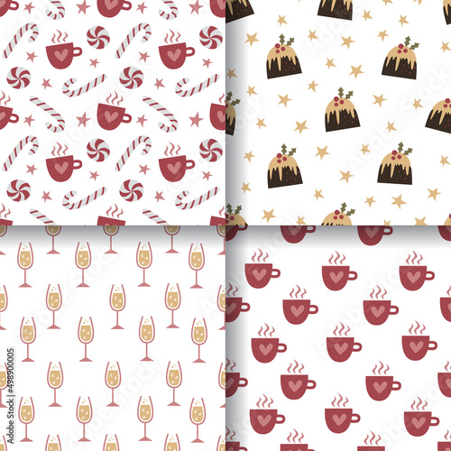 Seamless patterns with cups of coffee and champagne glass on white background. Sweet winter mood. Home decorations isolated on white background.