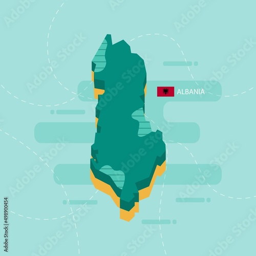Valokuvatapetti 3d vector map of Albania with name and flag of country on light green background and dash