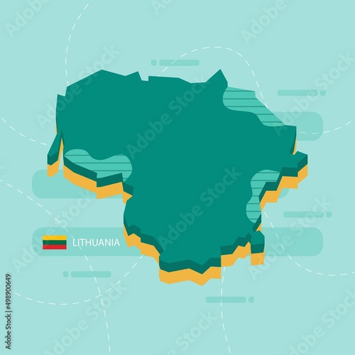 3d vector map of Lithuania with name and flag of country on light green background and dash.