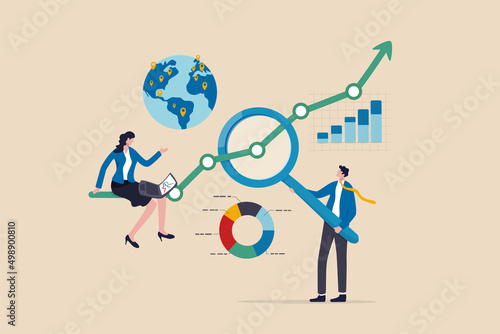 Research and development, analyze data for insight information to improve or optimization, market research to increase growth concept, business people researching with magnifying glass and computer.