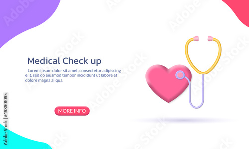 Medical and health care banner with Stethoscope and heart 3d icon. Doctor, hospital symbol. Vector illustration.