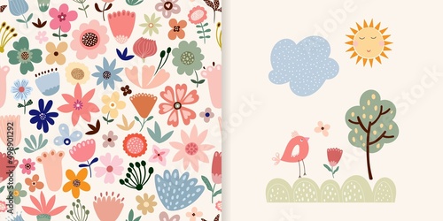 Floral set with seamless pattern and greeting card, spring summer background, wallpaper, seasonal design
