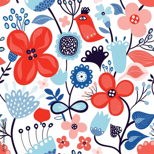 Abstract floral seamless pattern with decorative flowers and birds, doodle style, spring and summer background, wallpaper