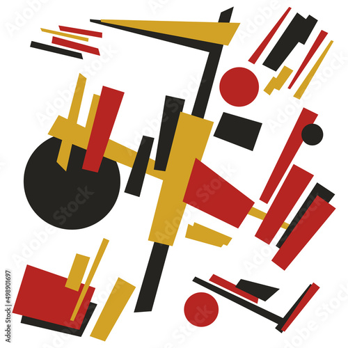 Suprematist painting from primitive forms. Vector art work with geometric shapes. Suprematist artwork in red, yellow and black colors.