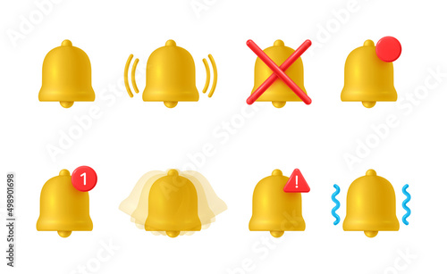 3d notification golden bell icon collection realistic vector ring attention alert reminder signal