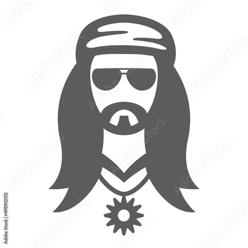 Male hippie portrait minimalist icon vector illustration. Bearded man face avatar sunglasses bandana